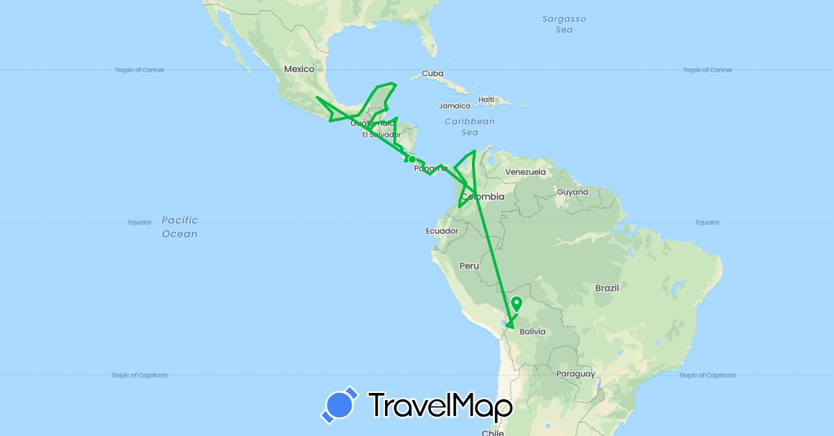 TravelMap itinerary: bus in Bolivia, Belize, Colombia, Costa Rica, Guatemala, Honduras, Mexico, Nicaragua, Panama (North America, South America)